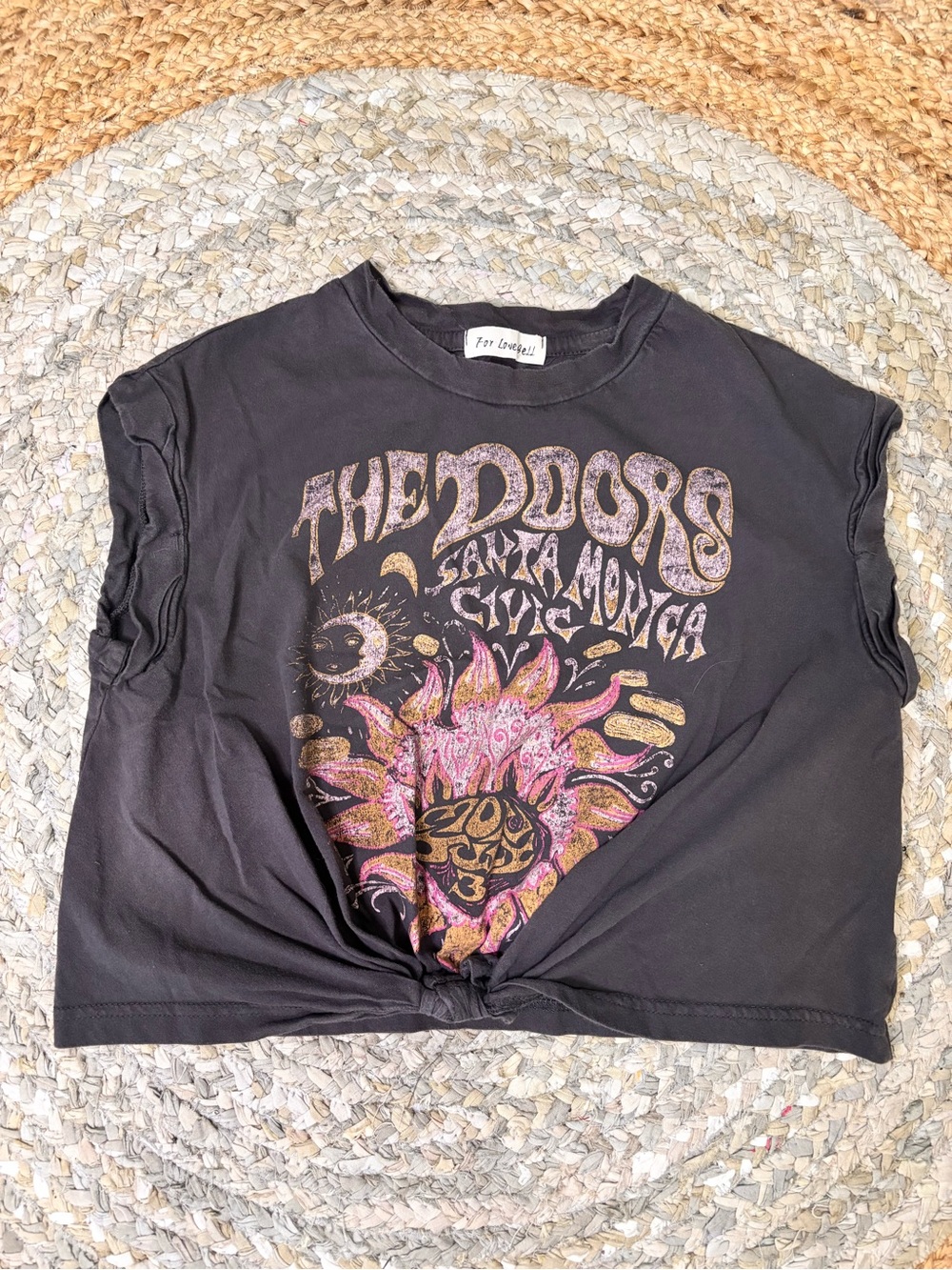 For Love Bell Boxy Black Graphic Crop Tee with Sun Motif - The Doors Print